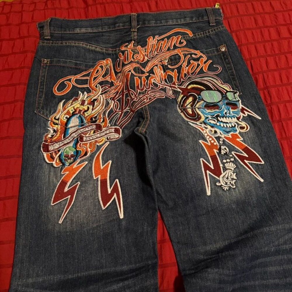 Rare Y2K Early 2000s Christian Audiger Ed Hardym Skull Embroidery Denim Jeans!